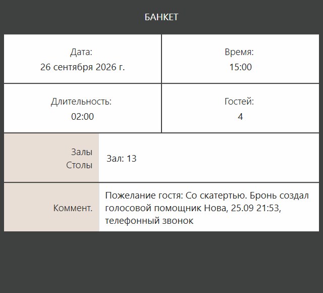 Бронь в кассе iiko, созданная голосовым помощником Нова по телефонному звонку, с пожеланием гостя в комментарии