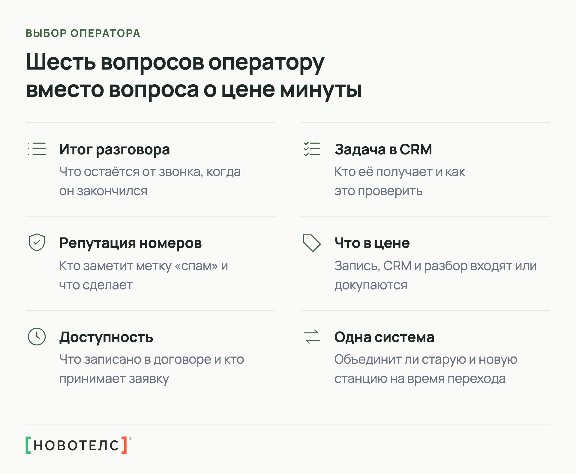 Шесть вопросов оператору вместо вопроса о цене минуты: итог разговора, задача в CRM, репутация номеров, что входит в цену, доступность, объединение старой и новой станции