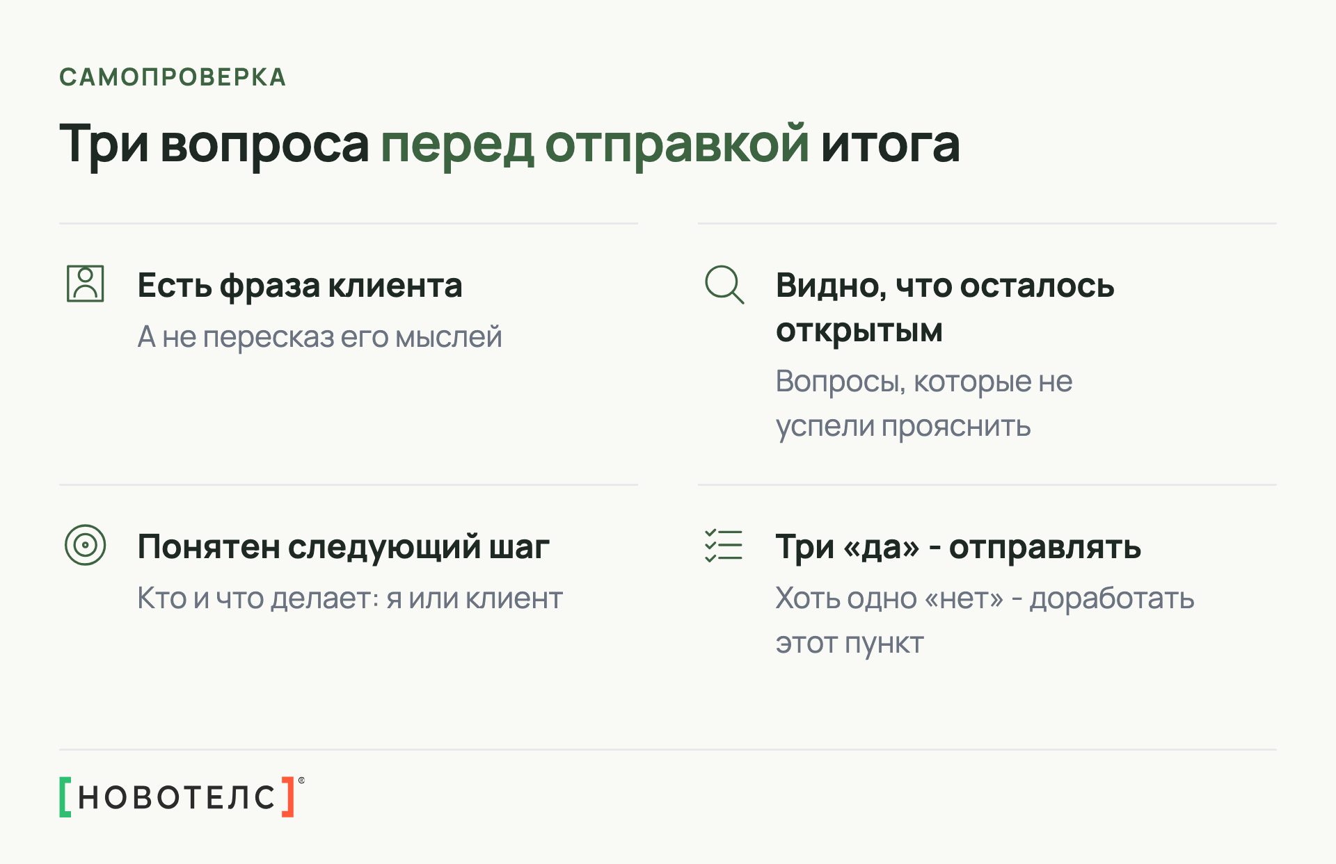 Три вопроса перед отправкой итога разговора: есть ли фраза клиента, видно ли открытое, понятен ли следующий шаг