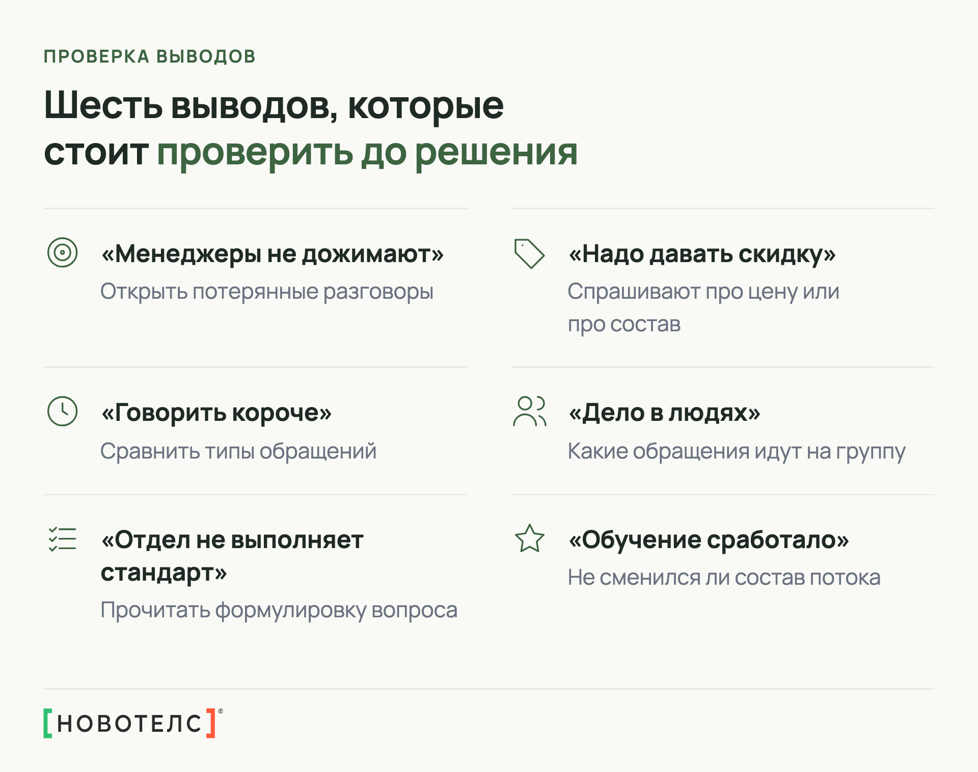 Шесть выводов из отчёта речевой аналитики, которые стоит проверить до решения, и что проверить по каждому